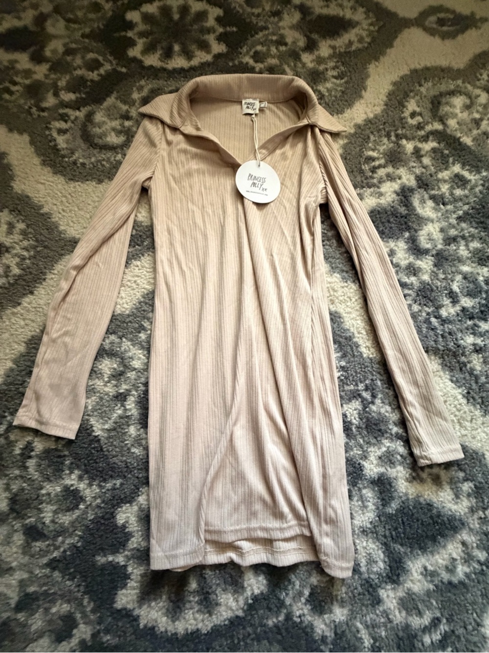 Princess Polly Ribbed Long Sleeve Midi Dress in Beige